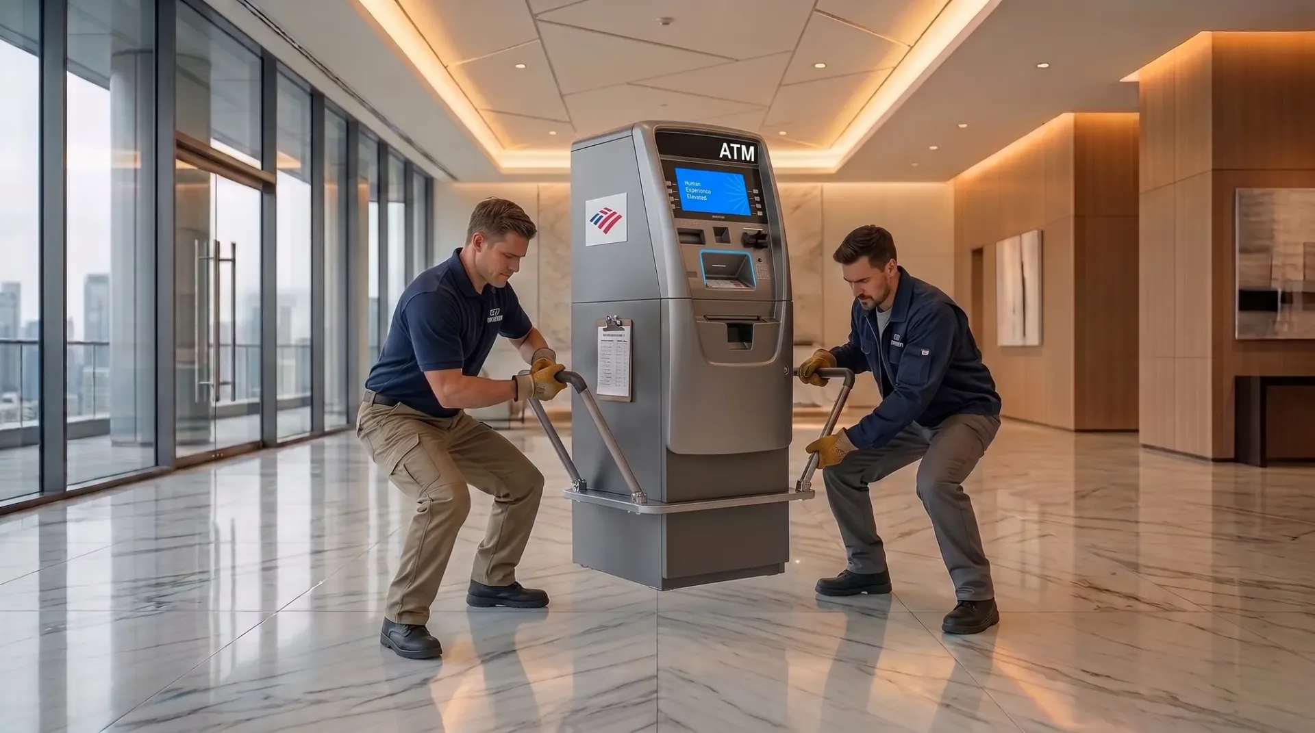 Technician installing an ATM at a customer location