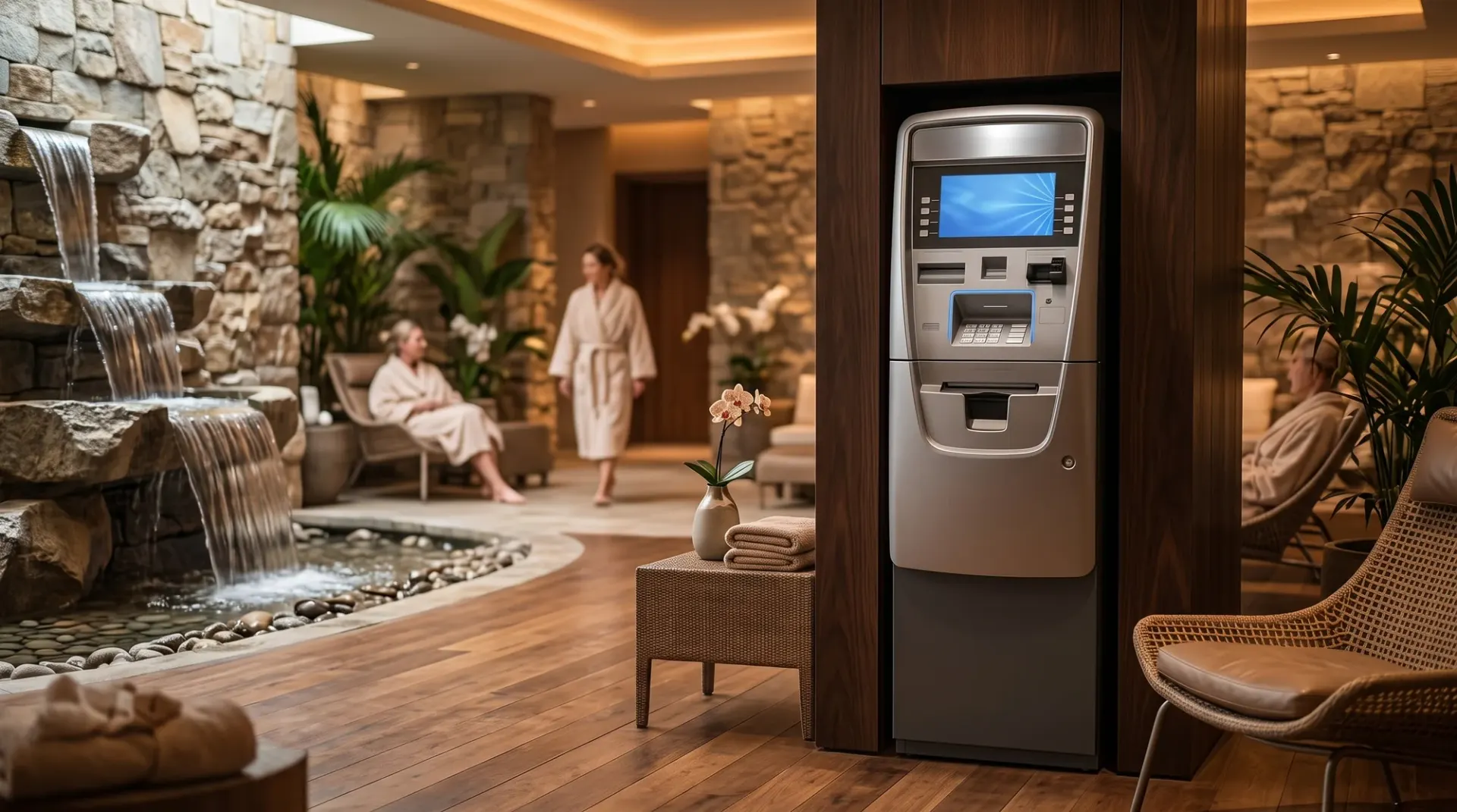 ATM inside a warm, modern wellness spa
