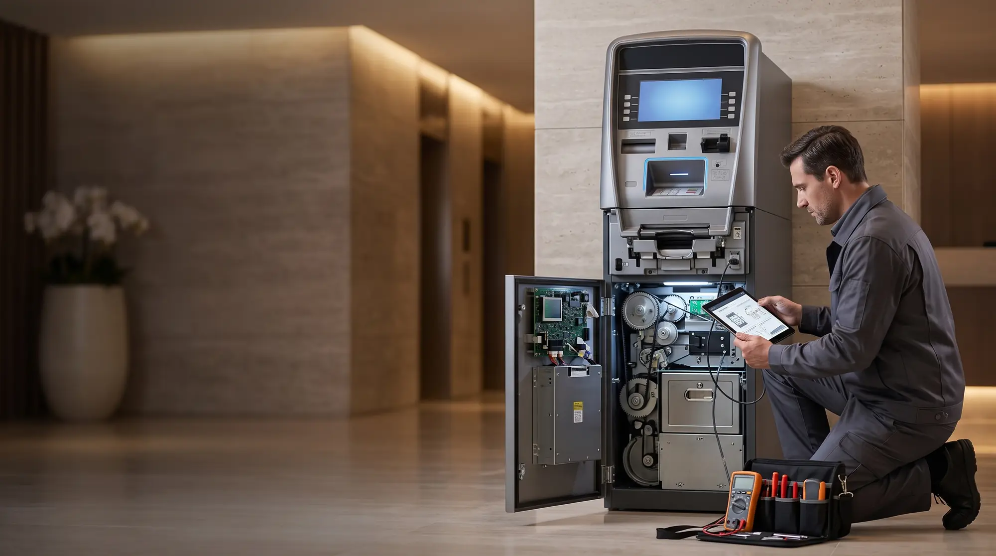 Technician performing preventive maintenance inside an ATM