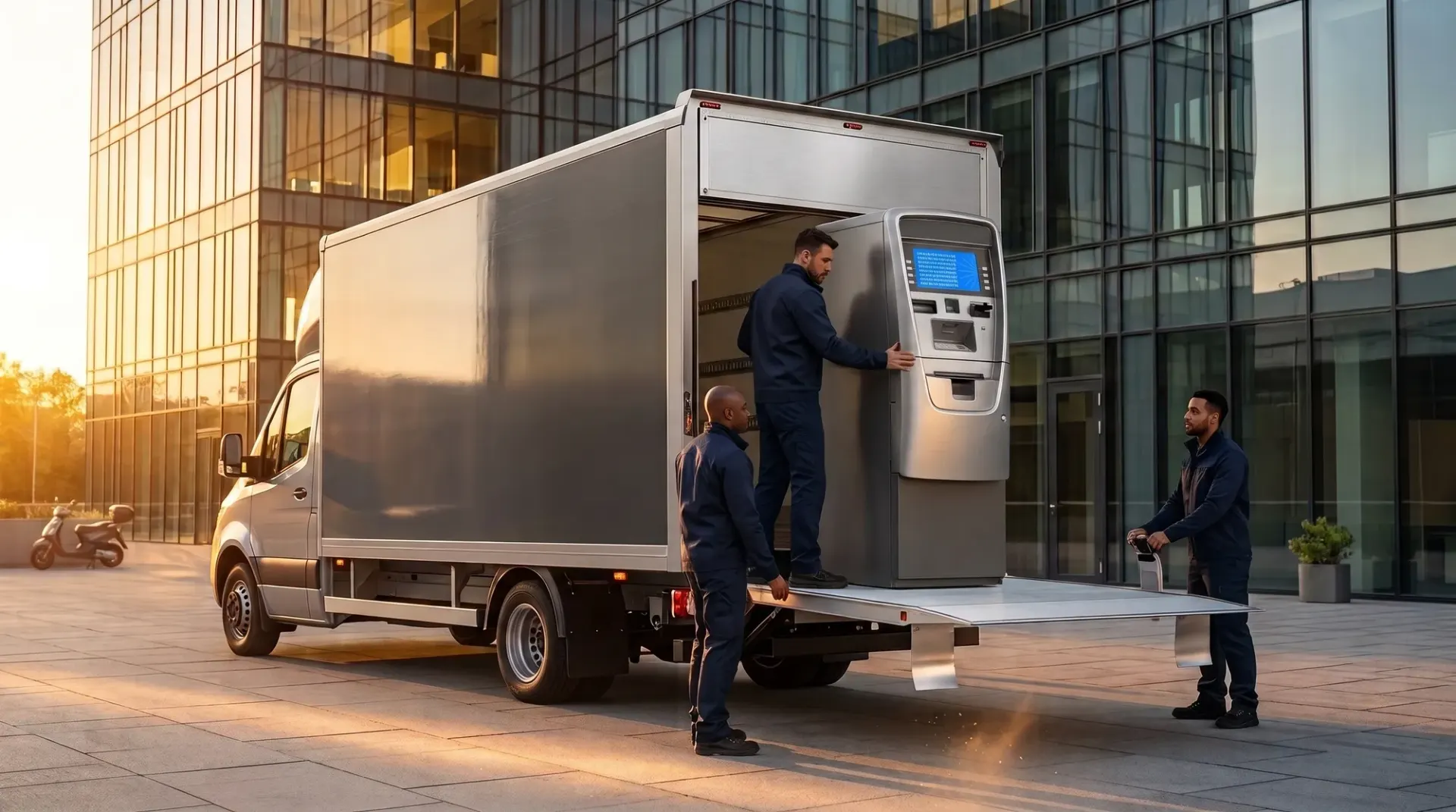 ATM service team arriving with equipment for a professional installation
